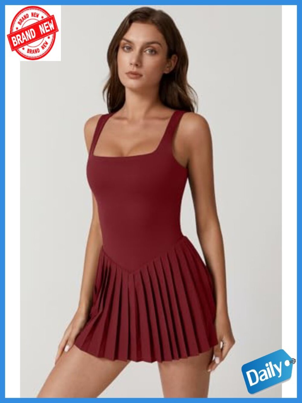 Women's Sleeveless Square Neck Pleated Tennis Dress with Built-in Shorts, - Picture 4 of 5